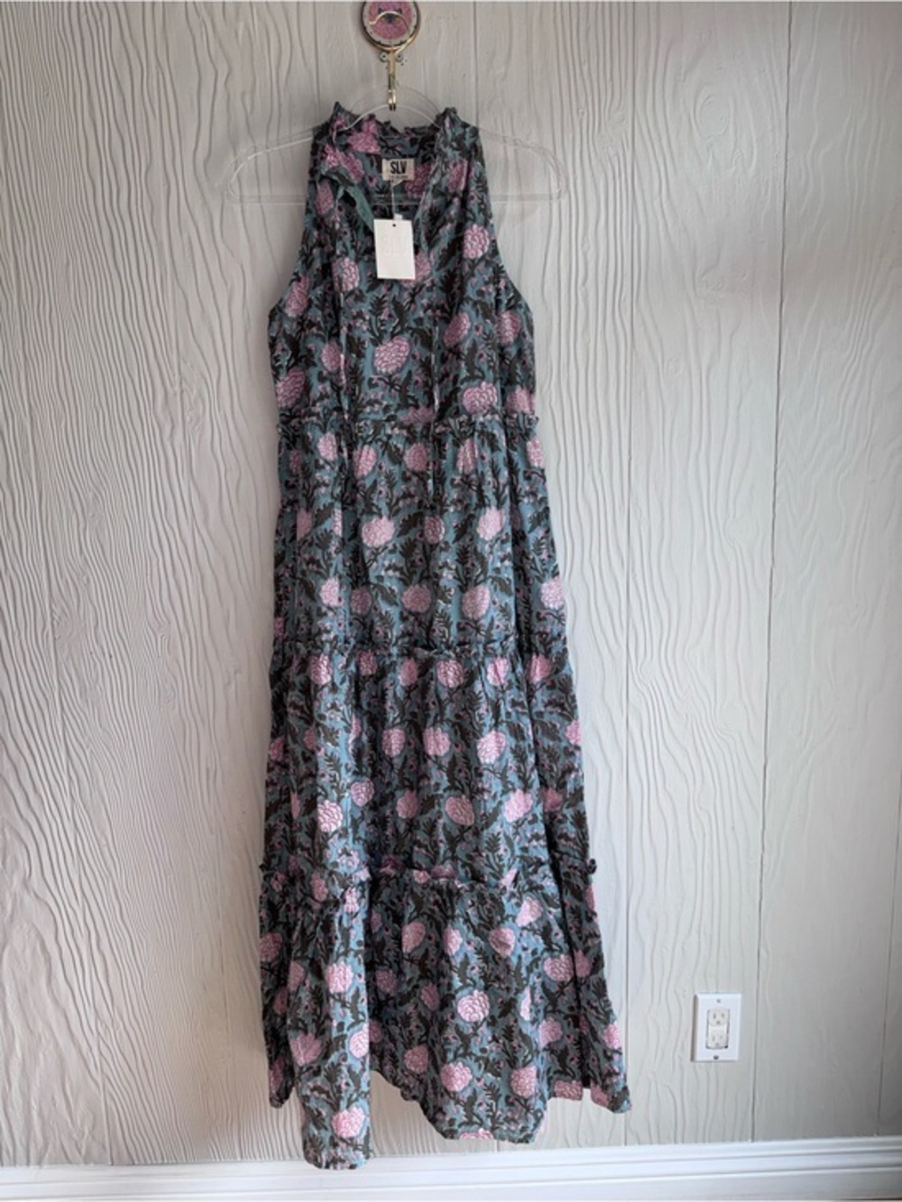 SLV Floral Tiered Maxi Dress in Pink and Green Sz: S-M 100% Cotton